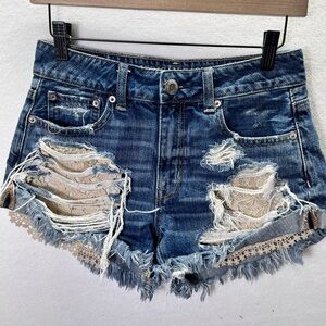 American Eagle hi-Rise Festival Lace‎ Denim shorts Womens 2 Blue Cotton 2372
